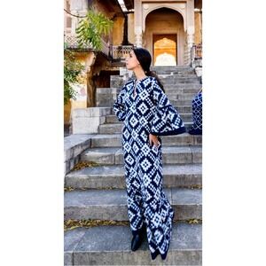 DE CASTRO Long Viento Dress Navy/White Geometric Boho Artisanal Size Small